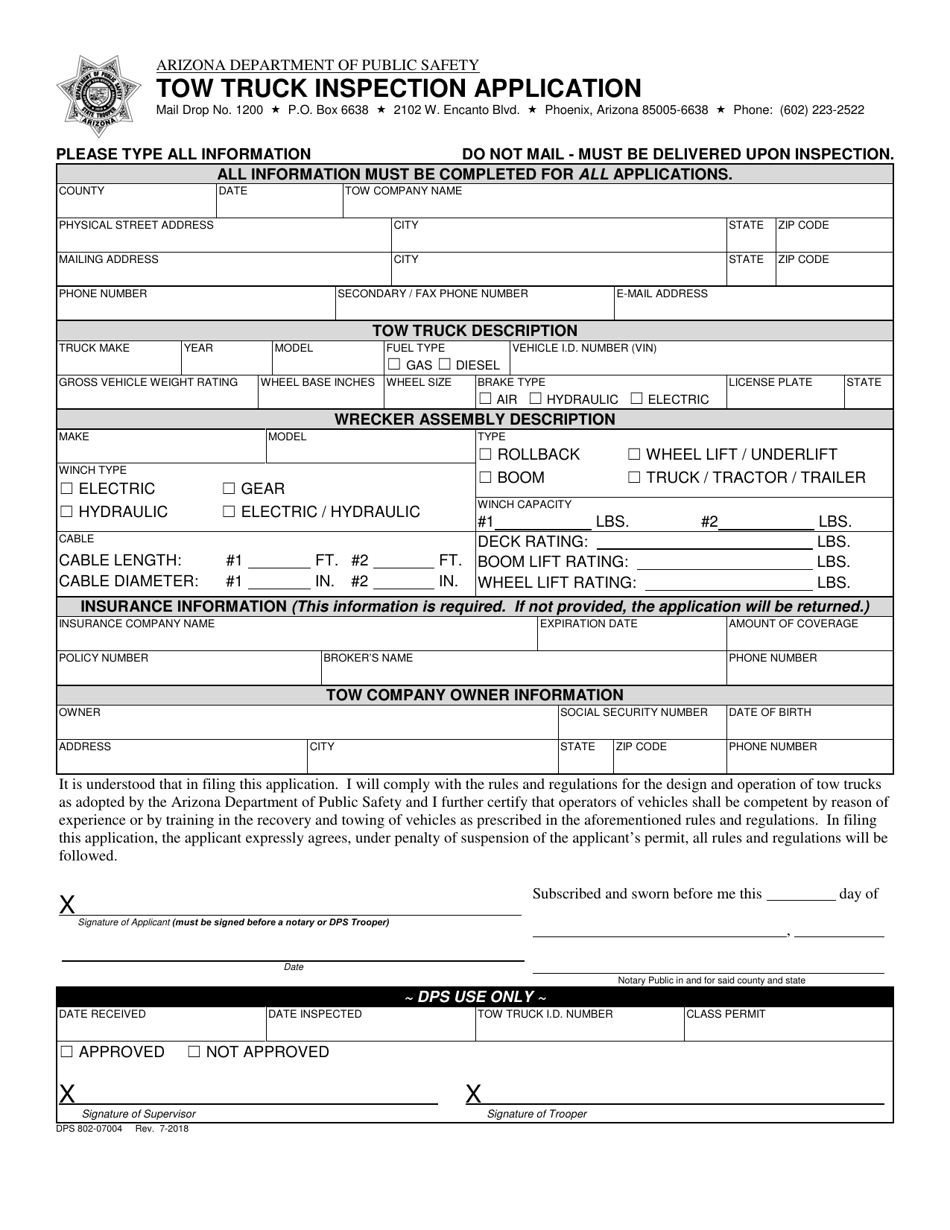 Form DPS802-07004 Tow Truck Inspection Application - Arizona, Page 1