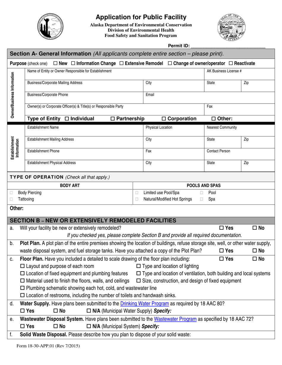 Form 18-30-APP.01 Application for Public Facility - Alaska, Page 1