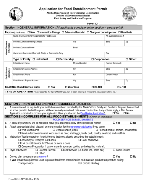 Form 18-31-APP.01 Application for Food Establishment Permit - Alaska