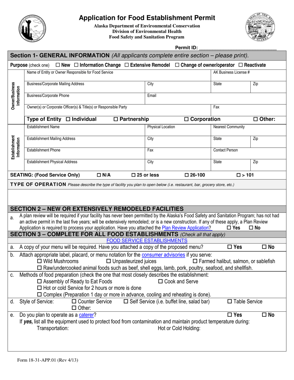 Form 18-31-APP.01 Application for Food Establishment Permit - Alaska, Page 1