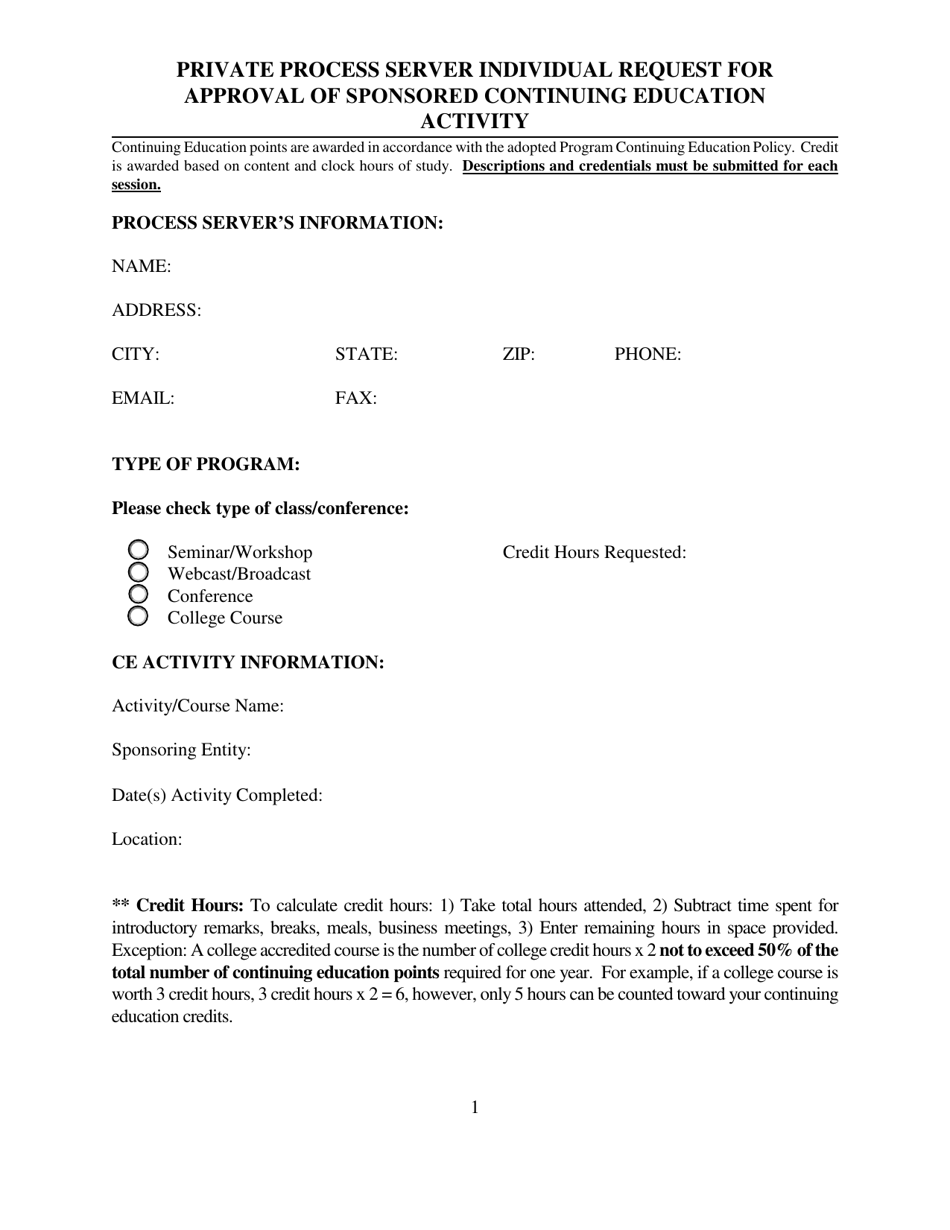 Private Process Server Individual Request for Approval of Sponsored Continuing Education Activity - Arizona, Page 1