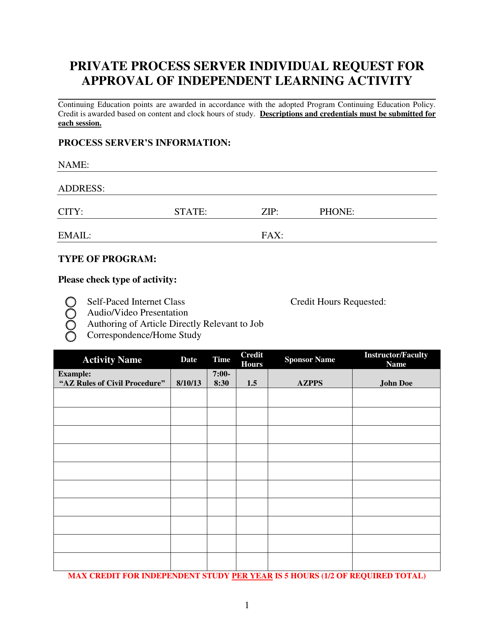 Private Process Server Individual Request for Approval of Independent Learning Activity - Arizona Download Pdf
