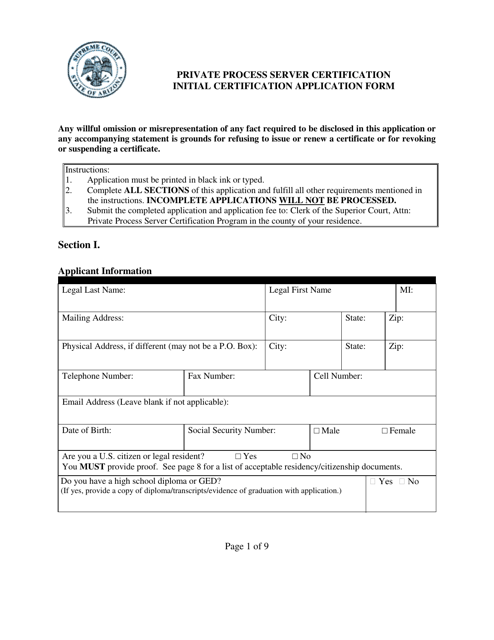 Private Process Server Certification Initial Certification Application Form - Arizona Download Pdf
