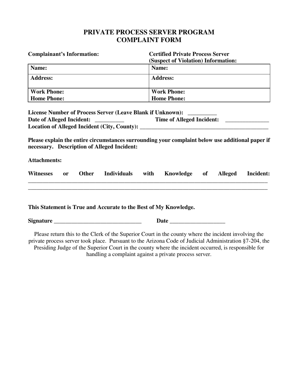Private Process Server Program Complaint Form - Arizona, Page 1