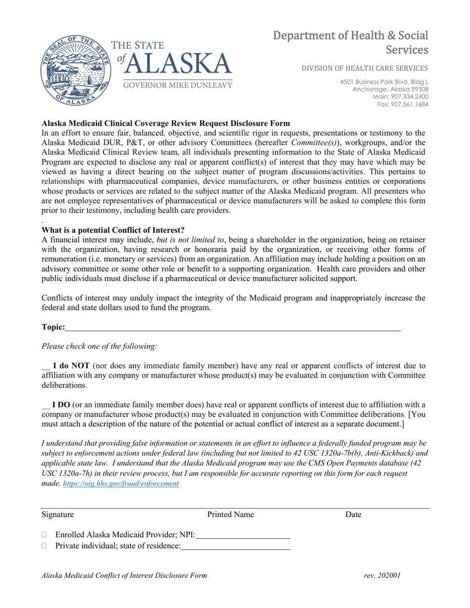 Alaska Alaska Medicaid Clinical Coverage Review Request Disclosure Form