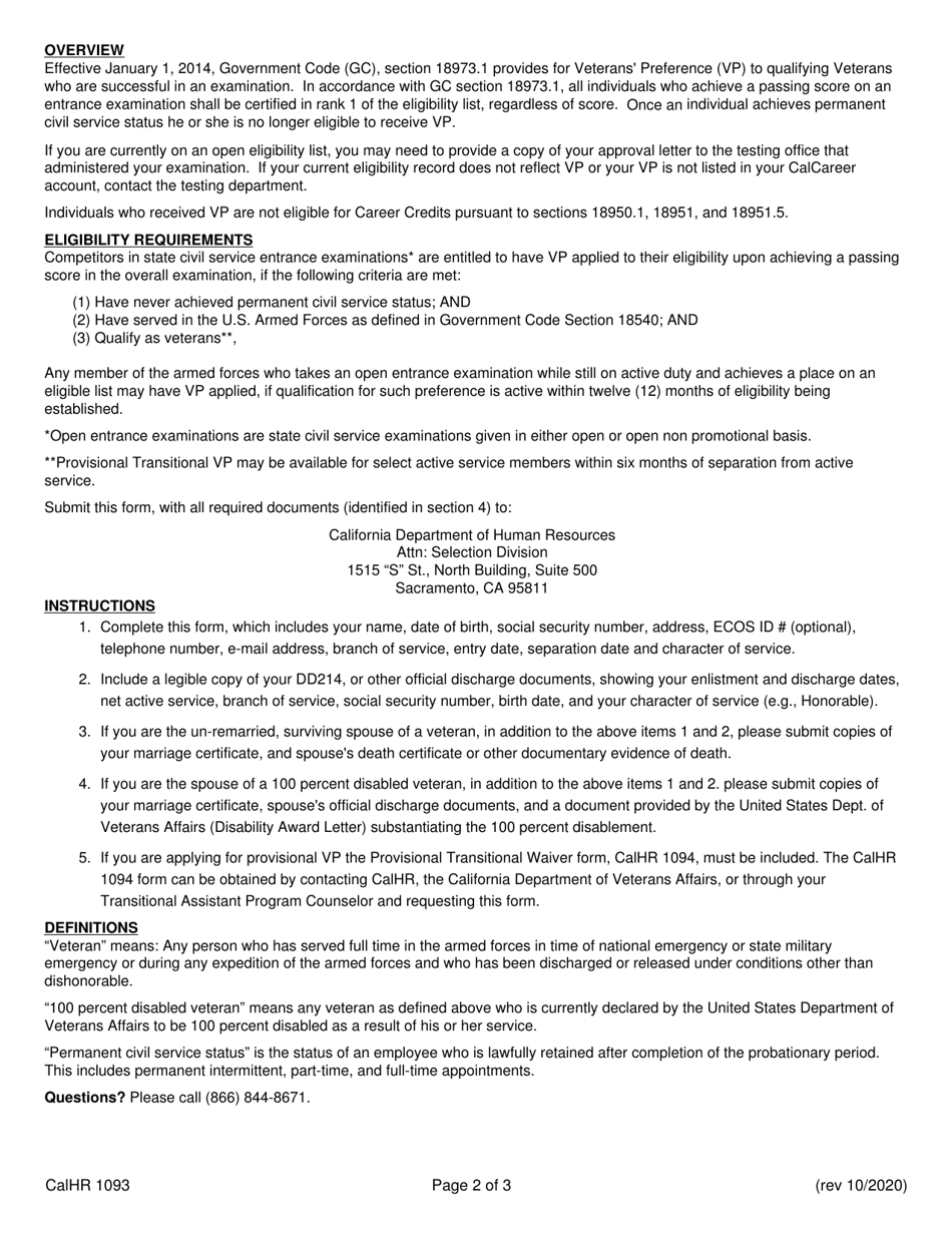 Form CALHR1093 Veterans Preference for Examinations - California, Page 2