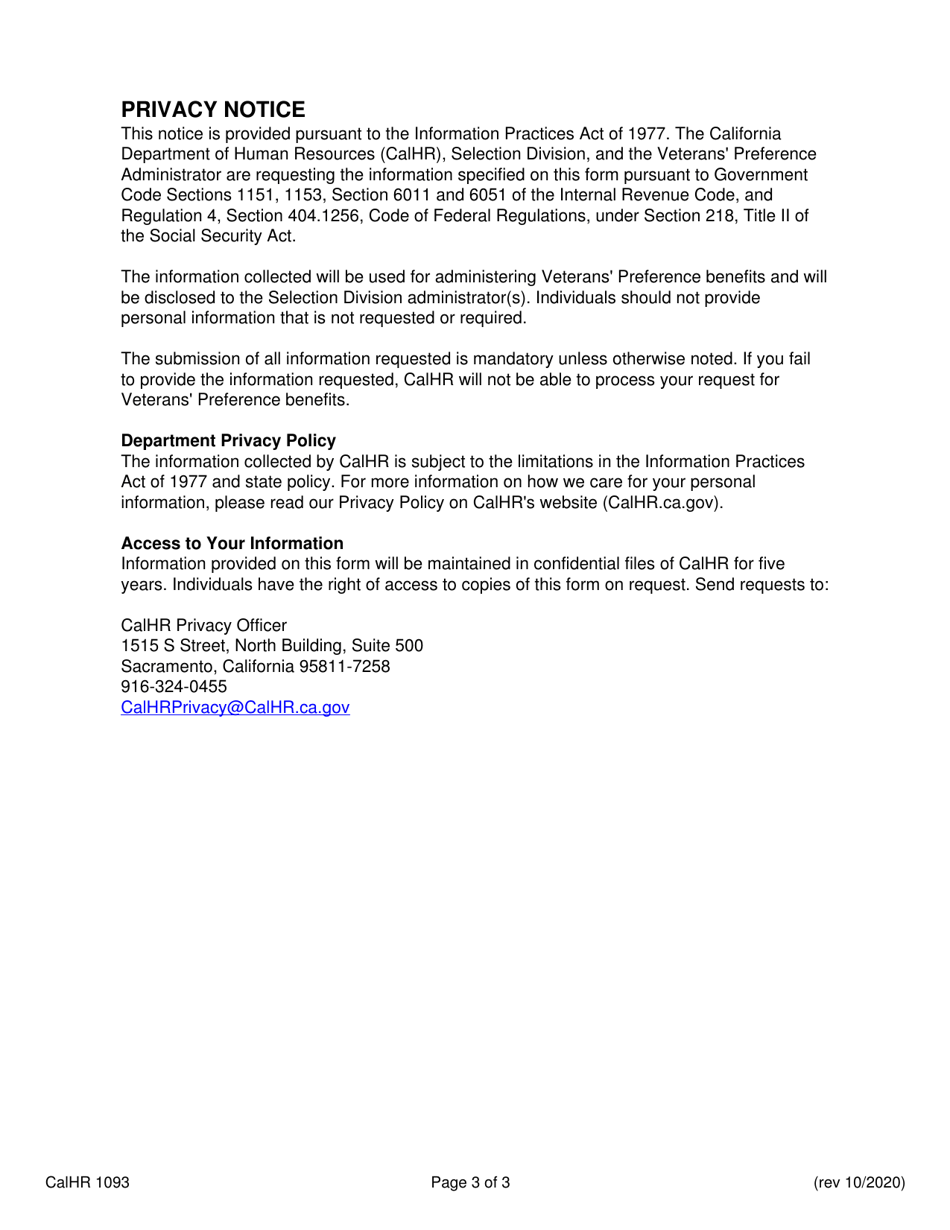 Form CALHR1093 Veterans Preference for Examinations - California, Page 3