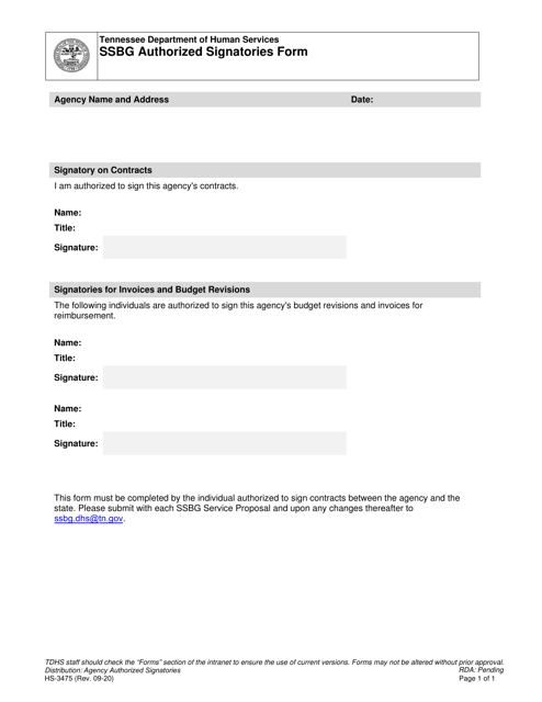 Form HS-3475 Ssbg Authorized Signatories Form - Tennessee