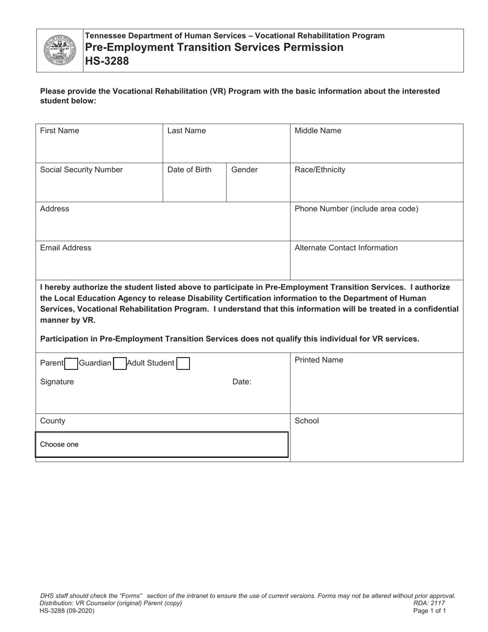 Form HS-3288 Pre-employment Transition Services Permission - Tennessee, Page 1
