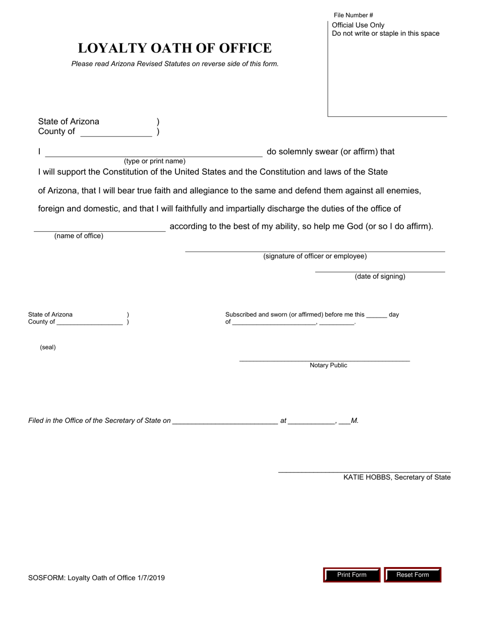 Loyalty Oath of Office - Arizona, Page 1