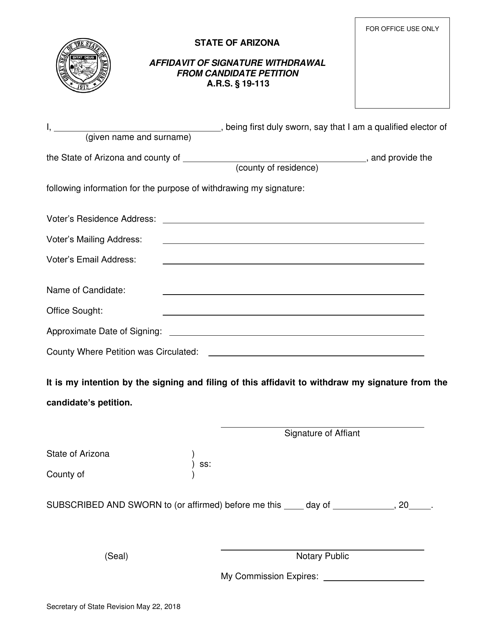 Affidavit of Signature Withdrawal From Candidate Petition - Arizona
