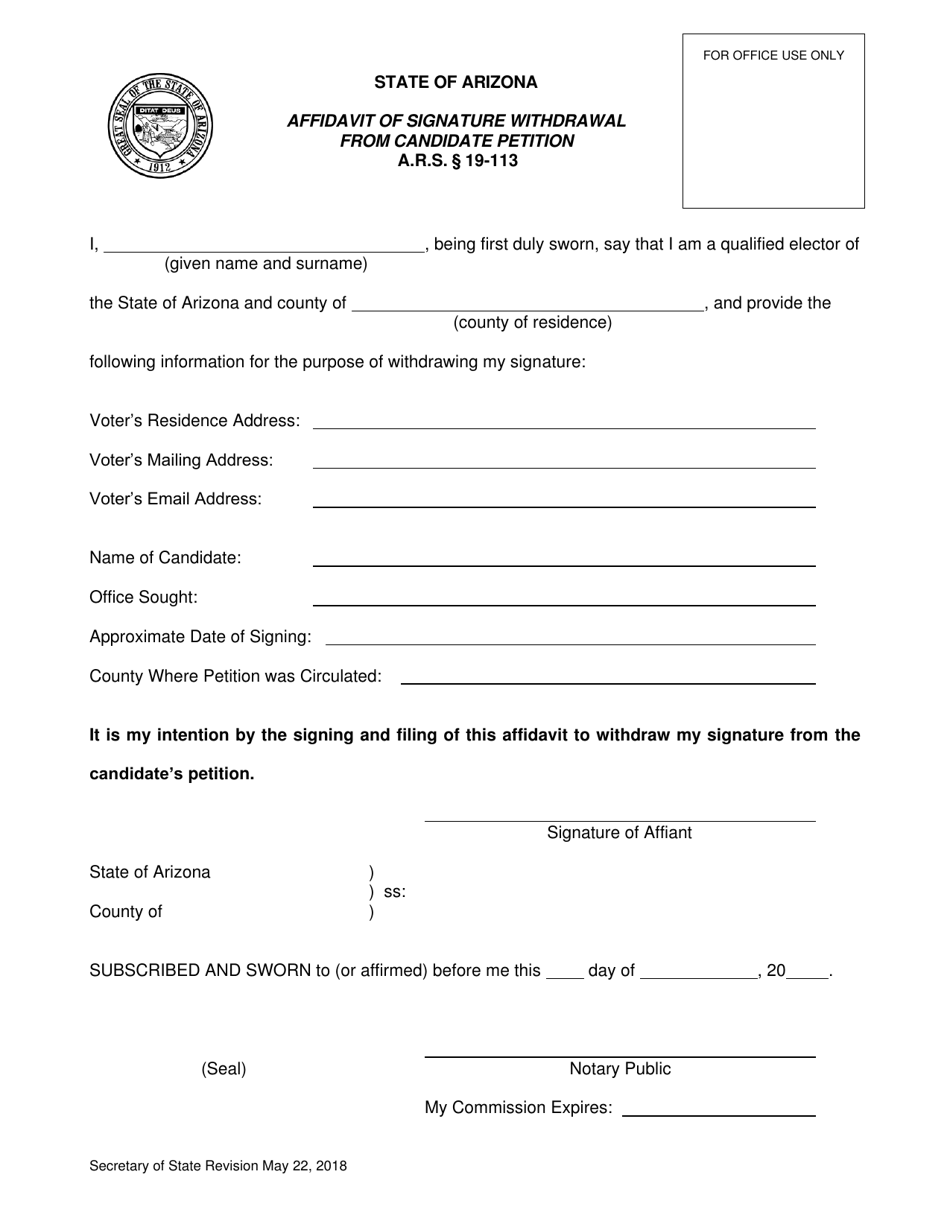 Affidavit of Signature Withdrawal From Candidate Petition - Arizona, Page 1
