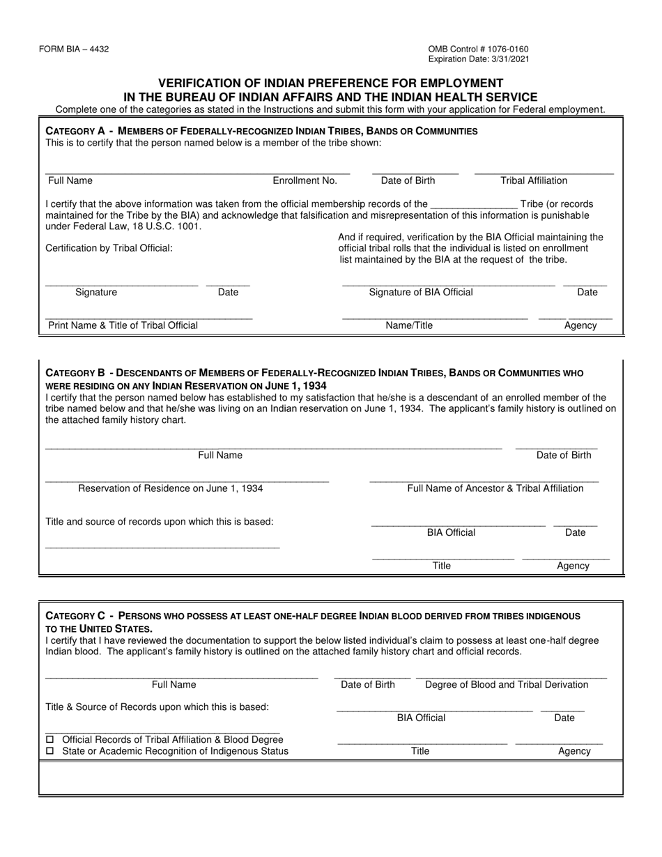 Form BIA-4432 Verification of Indian Preference for Employment in the Bureau of Indian Affairs and the Indian Health Service, Page 1