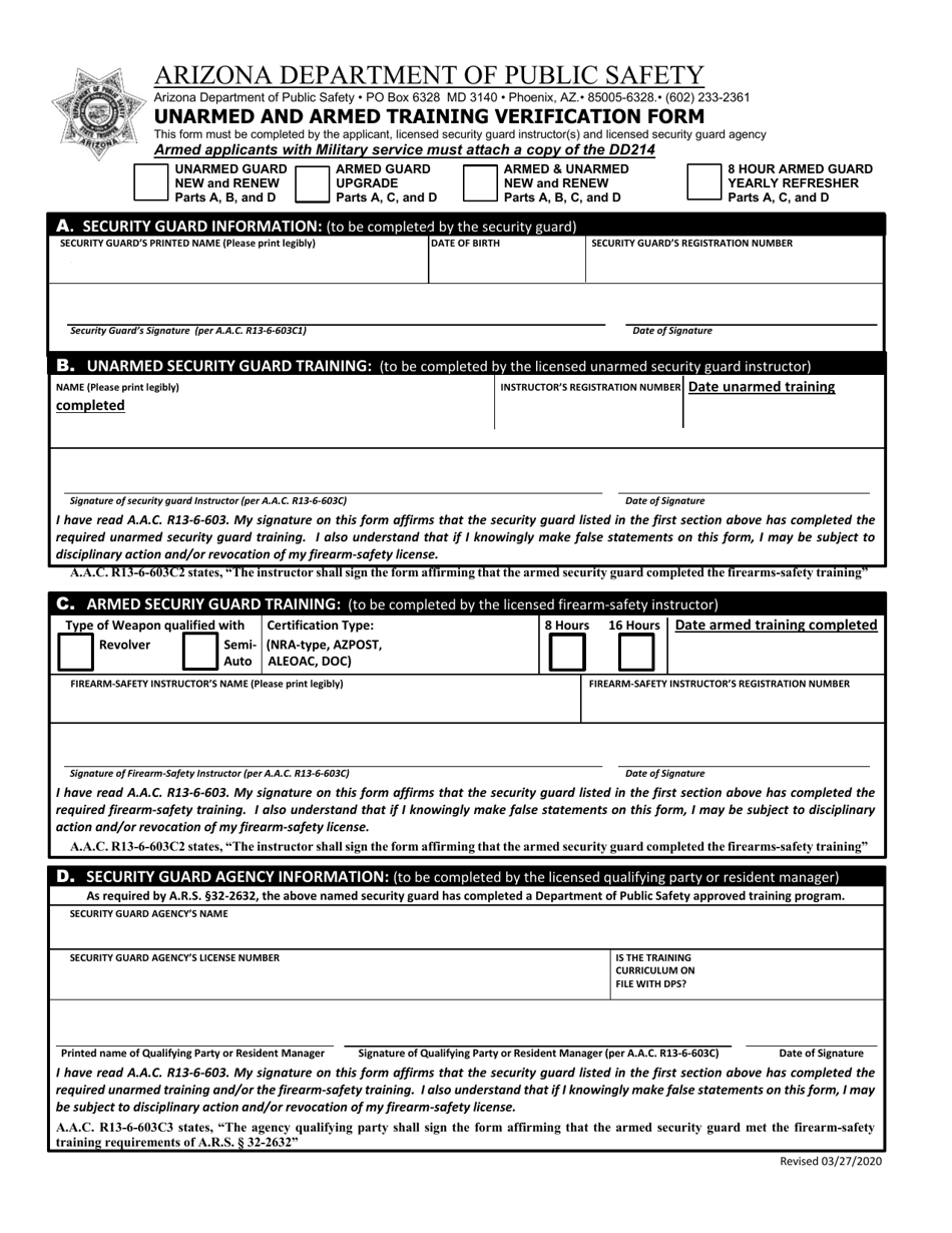 Unarmed and Armed Training Verification Form - Arizona, Page 1