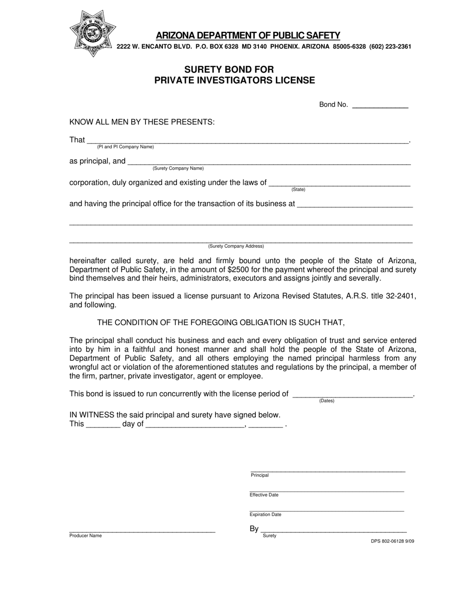 Form DPS802-06128 Surety Bond for Private Investigators License - Arizona, Page 1