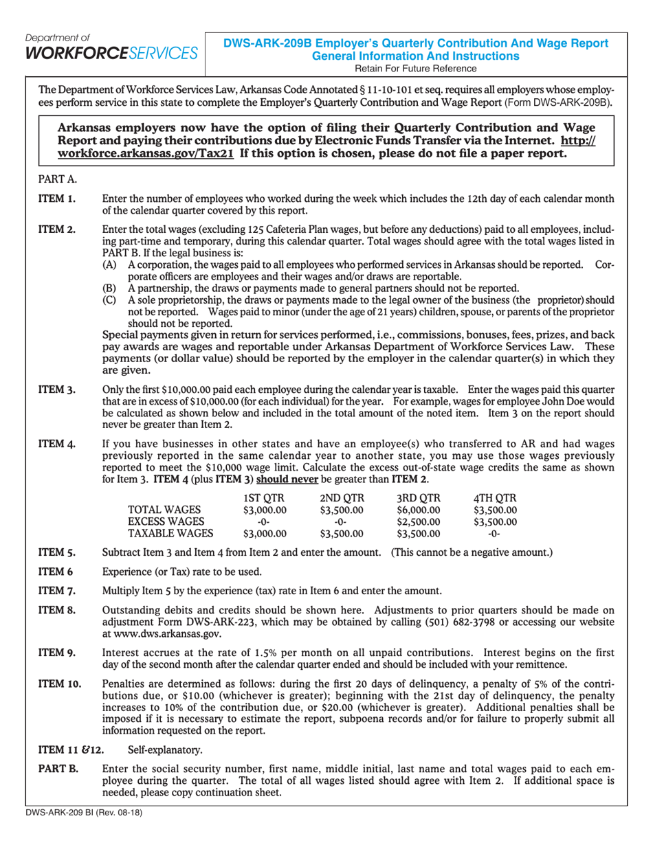 Instructions for Form DWS-ARK-209B Employers Quarterly Contribution and Wage Report - Arkansas, Page 1