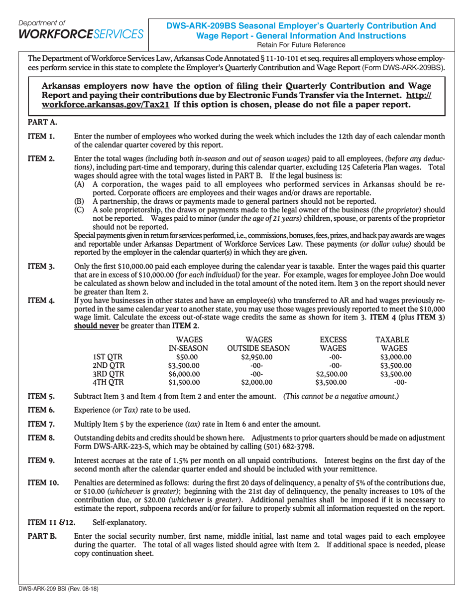 Instructions for Form DWS-ARK-209BS Employers Quarterly Contribution and Wage Report (Seasonal) - Arkansas, Page 1