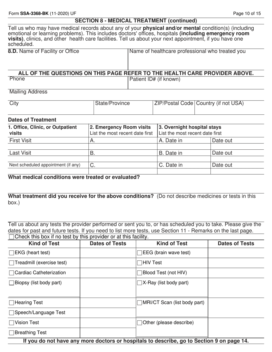 Form SSA-3368-BK Download Fillable PDF or Fill Online Disability Report ...