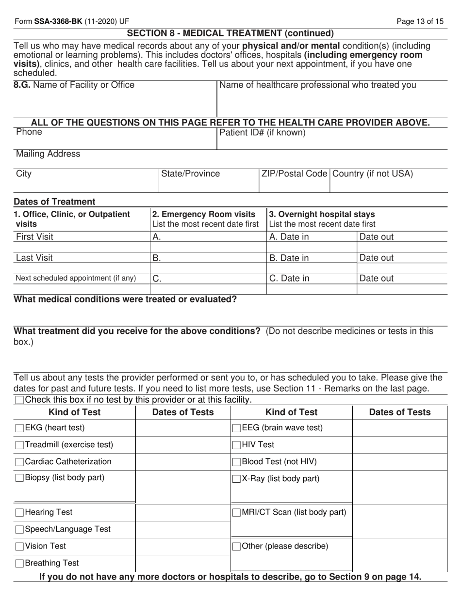 Form SSA-3368-BK Download Fillable PDF or Fill Online Disability Report ...