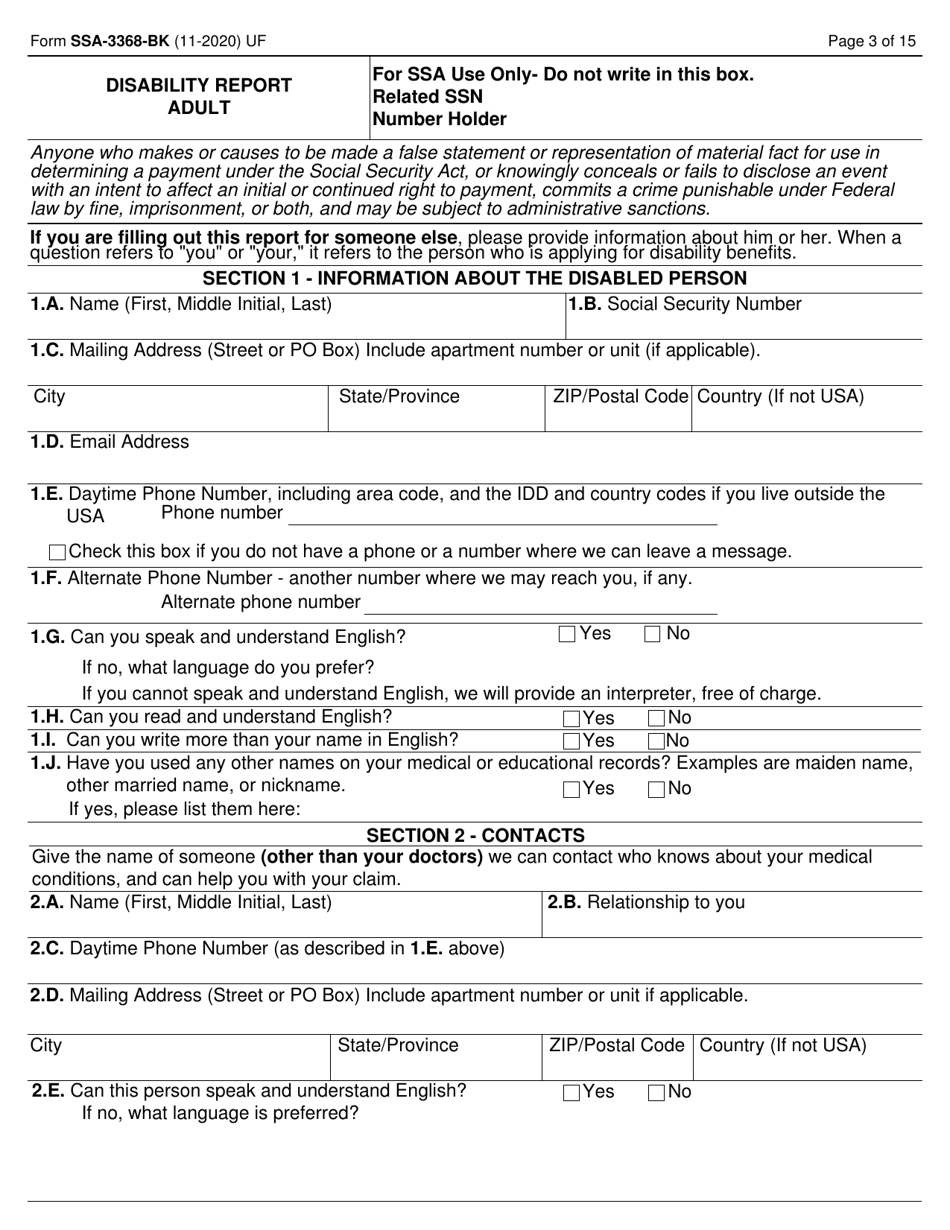 Form SSA-3368-BK Download Fillable PDF or Fill Online Disability Report ...