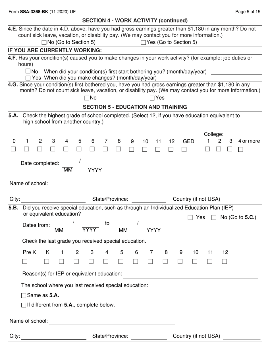 Form SSA3368BK Download Fillable PDF or Fill Online Disability Report