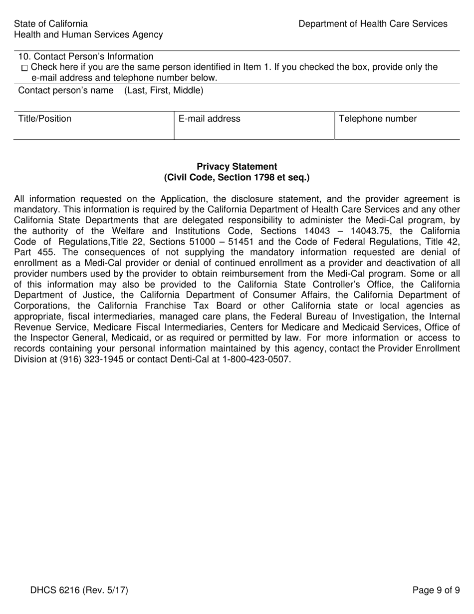 Form DHCS6216 Medi-Cal Rendering Provider Application / Disclosure Statement / Agreement for Physician / Allied / Dental Providers - California, Page 11