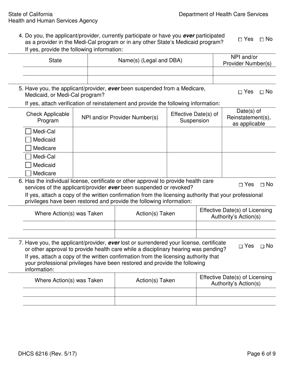 Form DHCS6216 Medi-Cal Rendering Provider Application / Disclosure Statement / Agreement for Physician / Allied / Dental Providers - California, Page 8