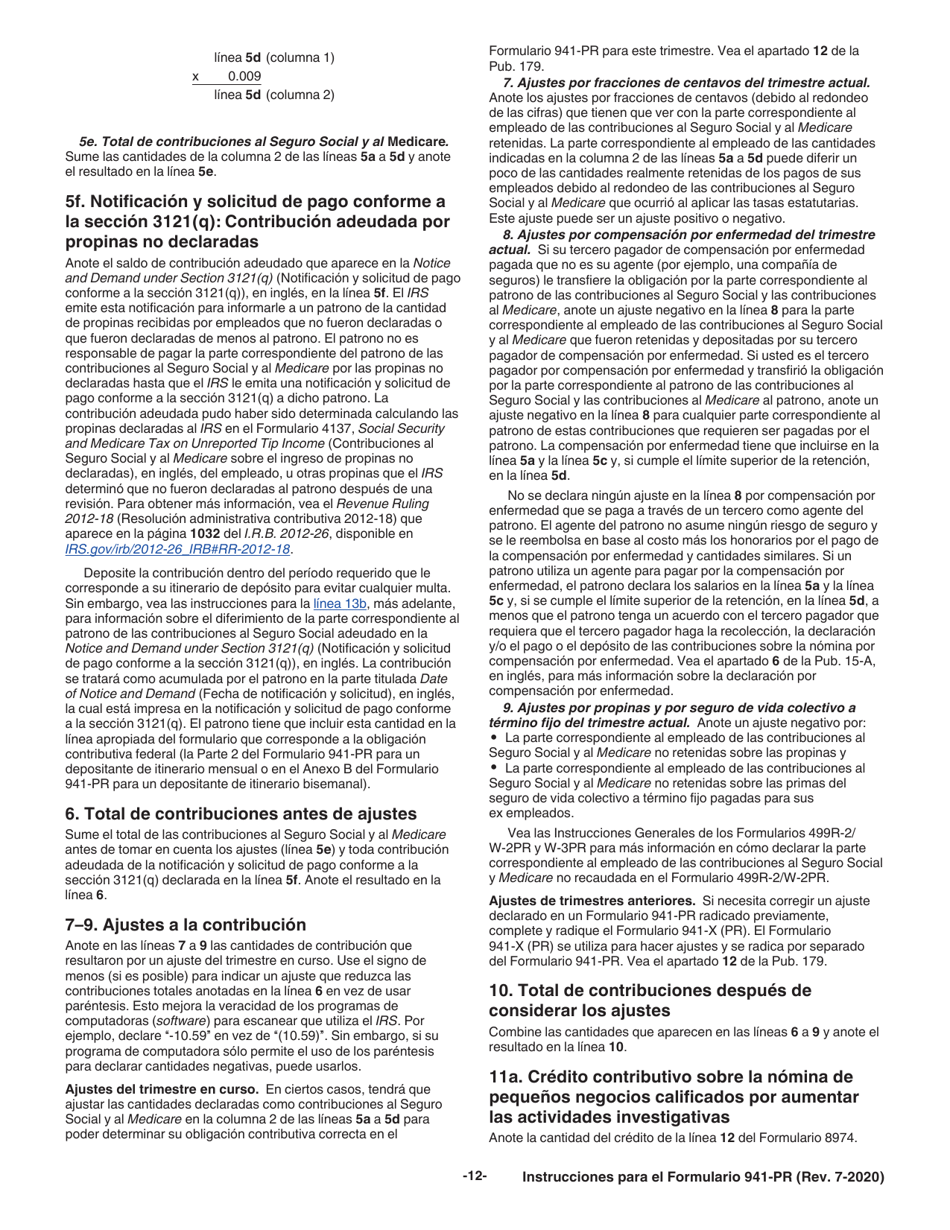 Instrucciones para IRS Formulario 941-PR Planilla Para La Declaracion Federal Trimestral Del Patrono (Puerto Rican Spanish), Page 12