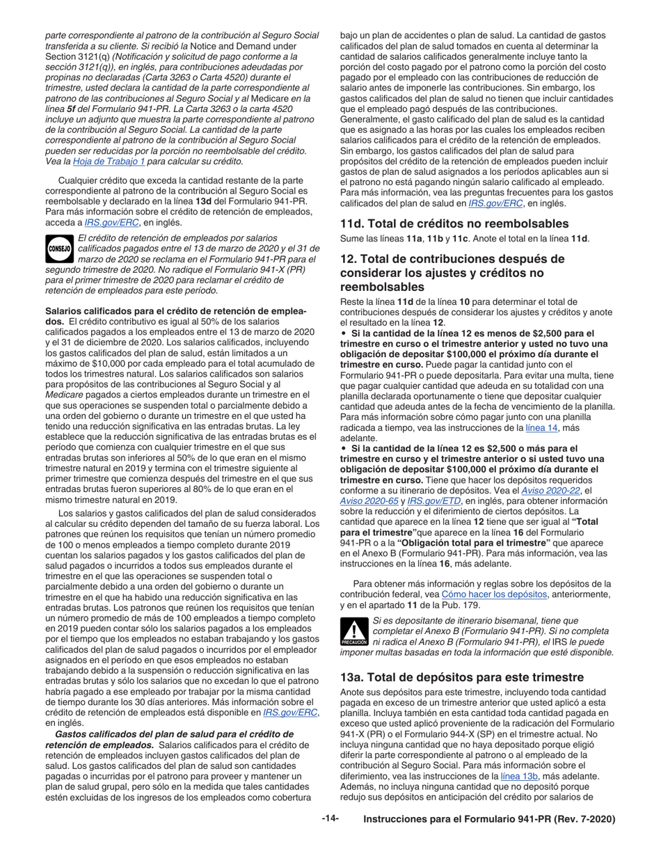 Instrucciones para IRS Formulario 941-PR Planilla Para La Declaracion Federal Trimestral Del Patrono (Puerto Rican Spanish), Page 14