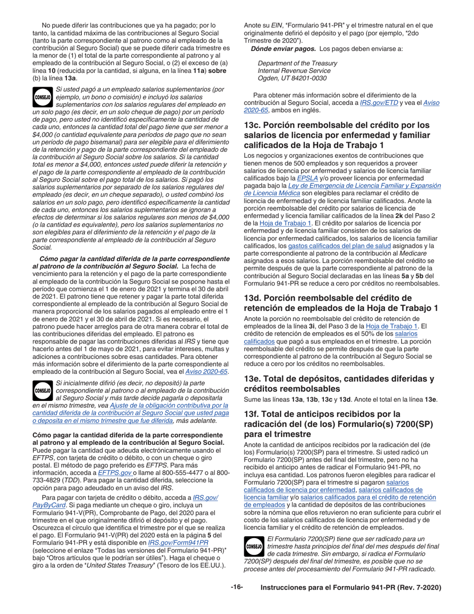 Instrucciones para IRS Formulario 941-PR Planilla Para La Declaracion Federal Trimestral Del Patrono (Puerto Rican Spanish), Page 16