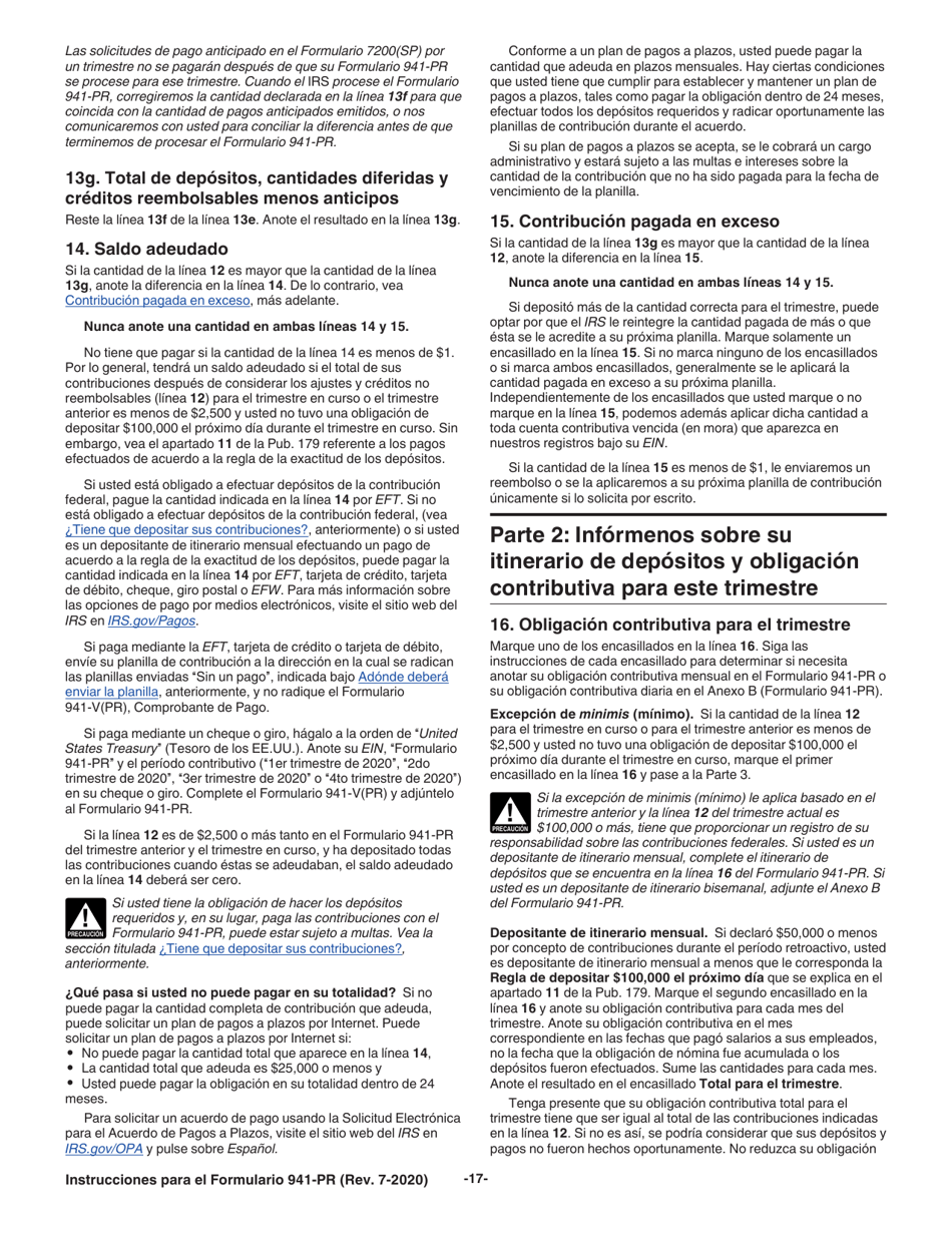 Instrucciones para IRS Formulario 941-PR Planilla Para La Declaracion Federal Trimestral Del Patrono (Puerto Rican Spanish), Page 17