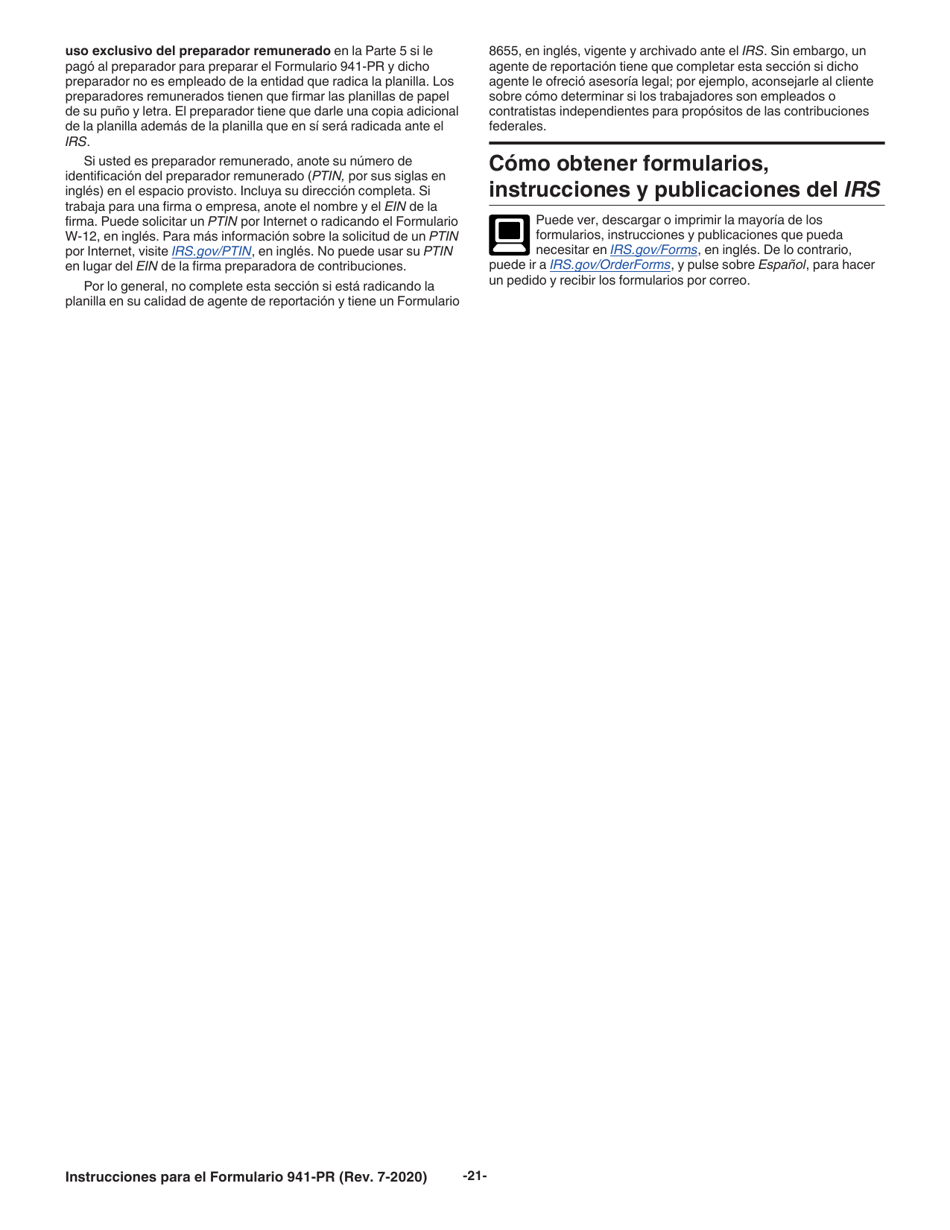 Instrucciones para IRS Formulario 941-PR Planilla Para La Declaracion Federal Trimestral Del Patrono (Puerto Rican Spanish), Page 21