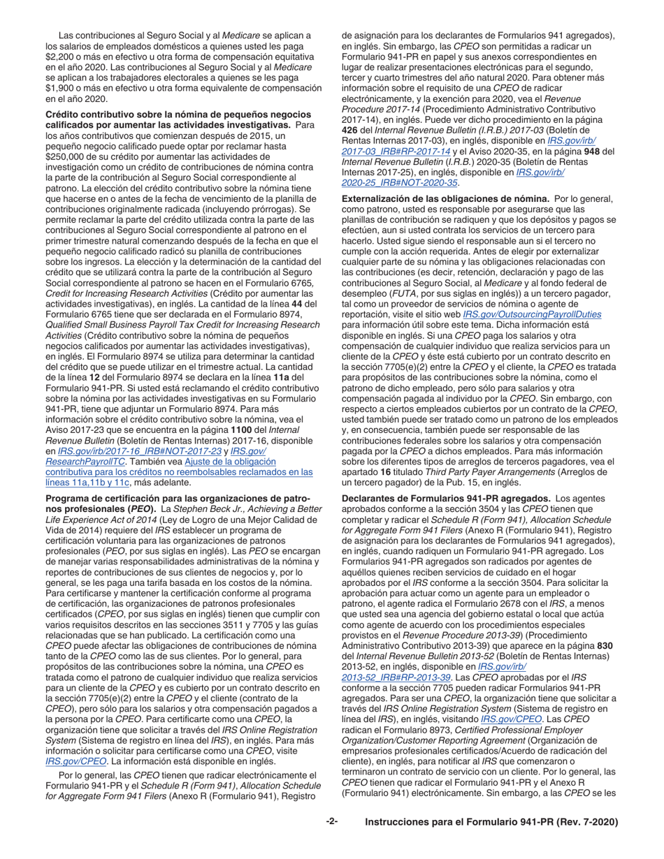 Instrucciones para IRS Formulario 941-PR Planilla Para La Declaracion Federal Trimestral Del Patrono (Puerto Rican Spanish), Page 2