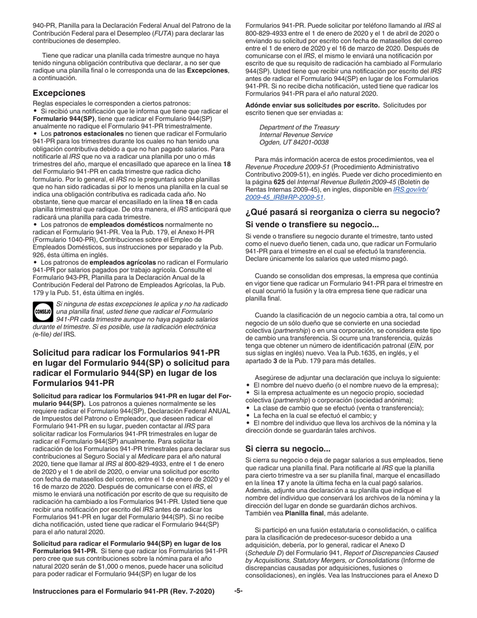 Instrucciones para IRS Formulario 941-PR Planilla Para La Declaracion Federal Trimestral Del Patrono (Puerto Rican Spanish), Page 5