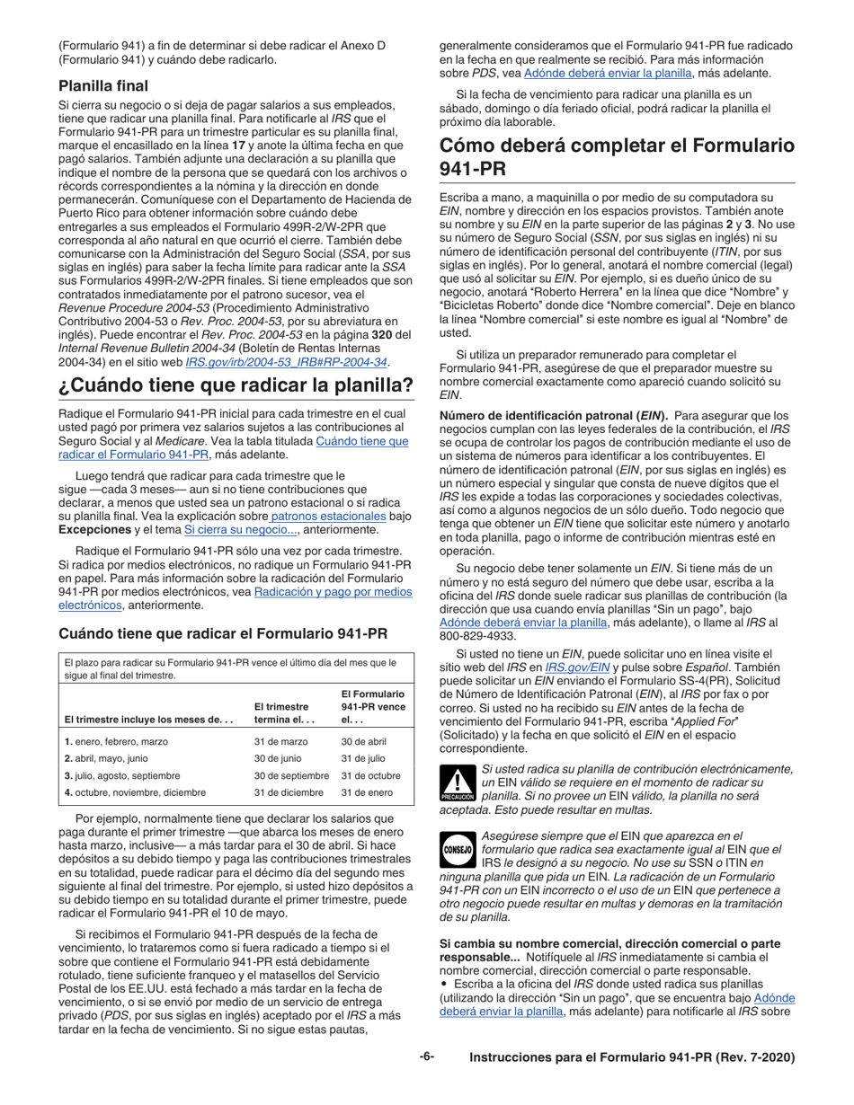 Instrucciones para IRS Formulario 941-PR Planilla Para La Declaracion Federal Trimestral Del Patrono (Puerto Rican Spanish), Page 6
