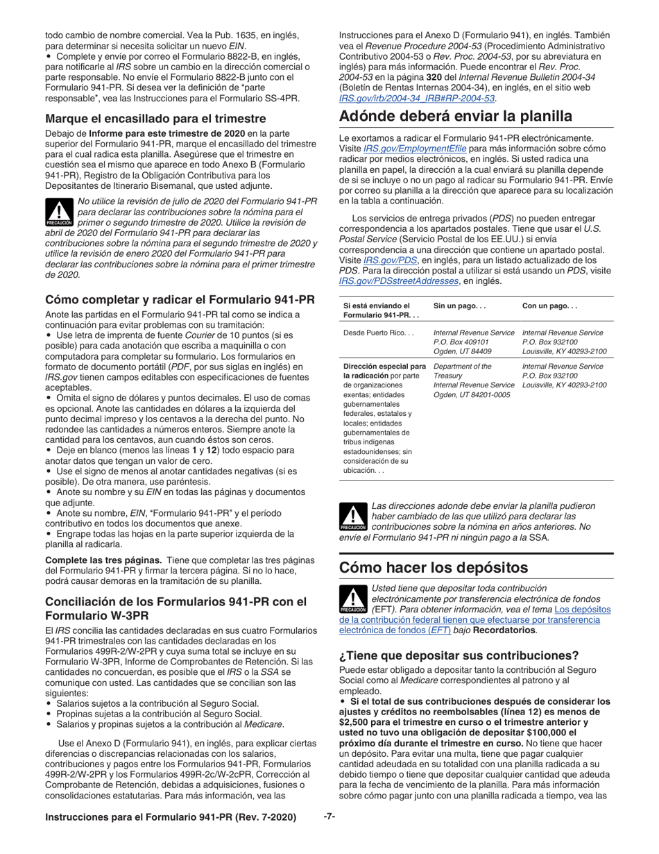 Instrucciones para IRS Formulario 941-PR Planilla Para La Declaracion Federal Trimestral Del Patrono (Puerto Rican Spanish), Page 7