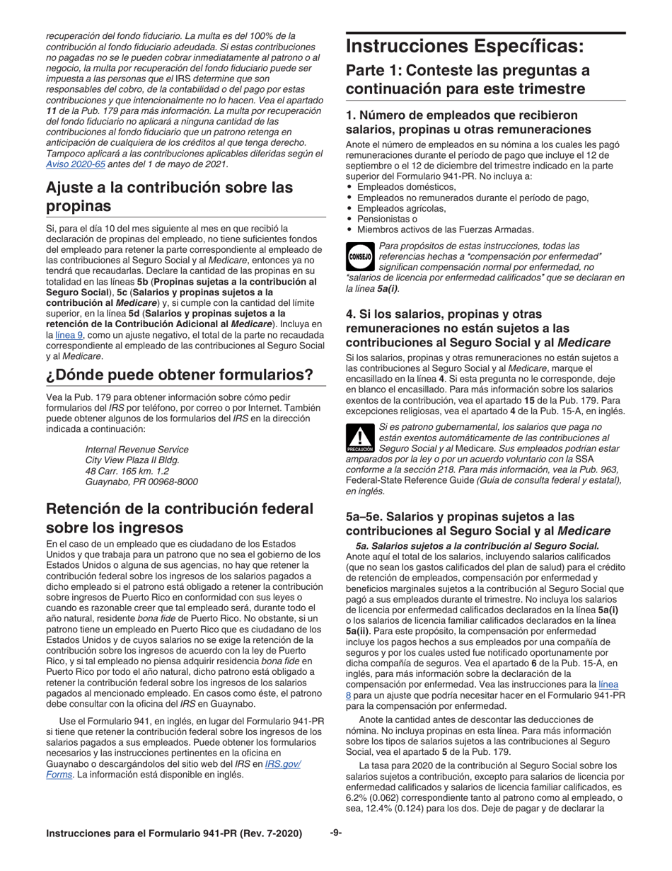 Instrucciones para IRS Formulario 941-PR Planilla Para La Declaracion Federal Trimestral Del Patrono (Puerto Rican Spanish), Page 9