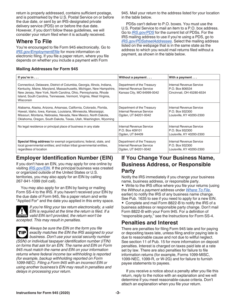 Instructions for IRS Form 945 Annual Return of Withheld Federal Income Tax, Page 3