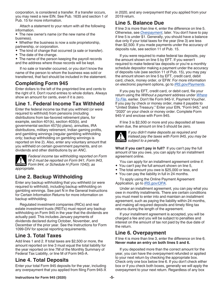 Instructions for IRS Form 945 Annual Return of Withheld Federal Income Tax, Page 5