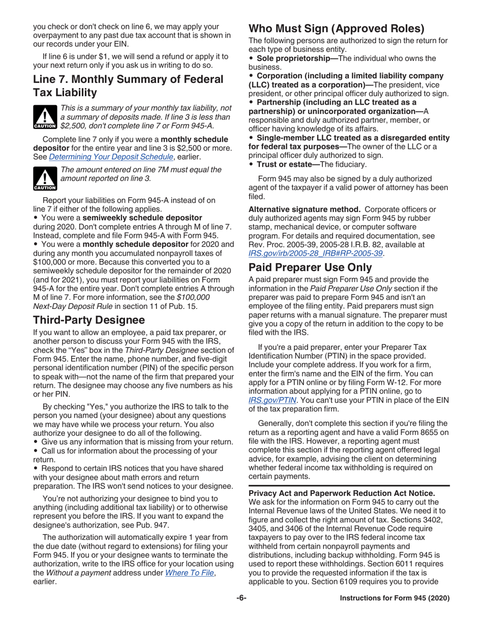Instructions for IRS Form 945 Annual Return of Withheld Federal Income Tax, Page 6