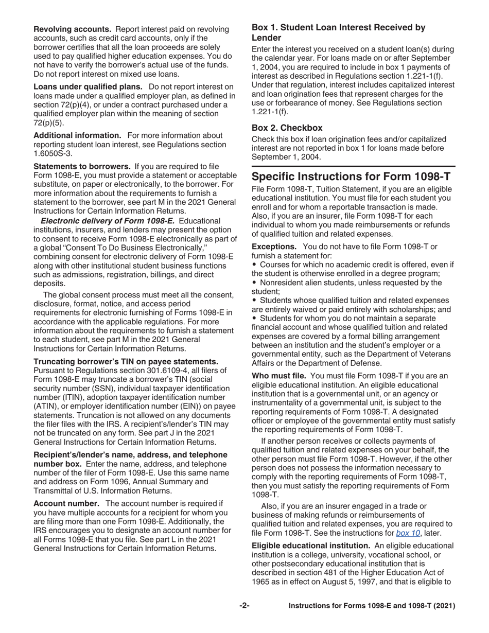 Instructions for IRS Form 1098-E, 1098-T, Page 2