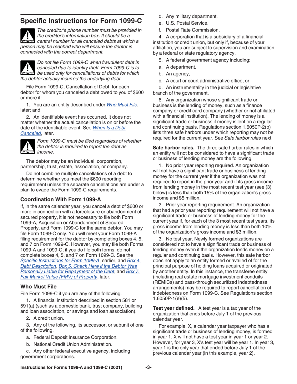 Instructions for IRS Form 1099-A, 1099-C Acquisition or Abandonment of Secured Property and Cancellation of Debt, Page 3