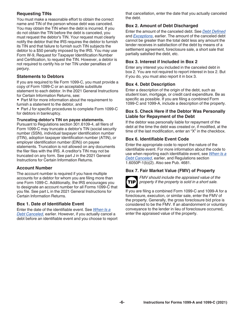 Instructions for IRS Form 1099-A, 1099-C Acquisition or Abandonment of Secured Property and Cancellation of Debt, Page 6