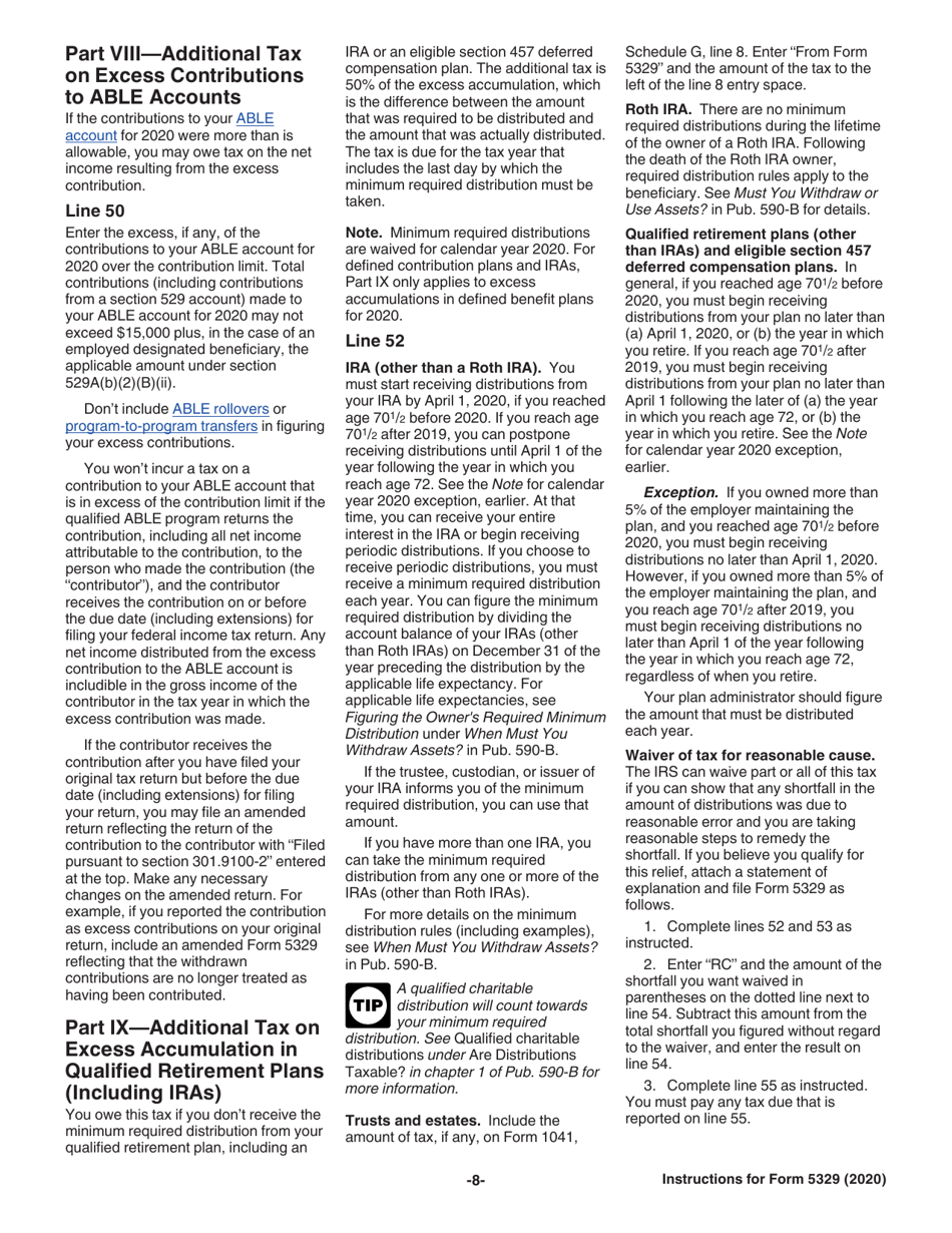 Instructions for IRS Form 5329 Additional Taxes on Qualified Plans (Including IRAs) and Other Tax-Favored Accounts, Page 8