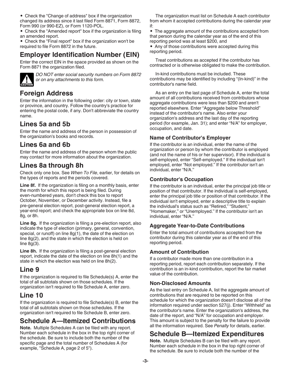 Instructions for IRS Form 8872 Political Organization Report of Contributions and Expenditures, Page 3