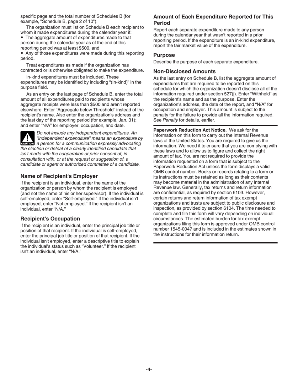 Instructions for IRS Form 8872 Political Organization Report of Contributions and Expenditures, Page 4