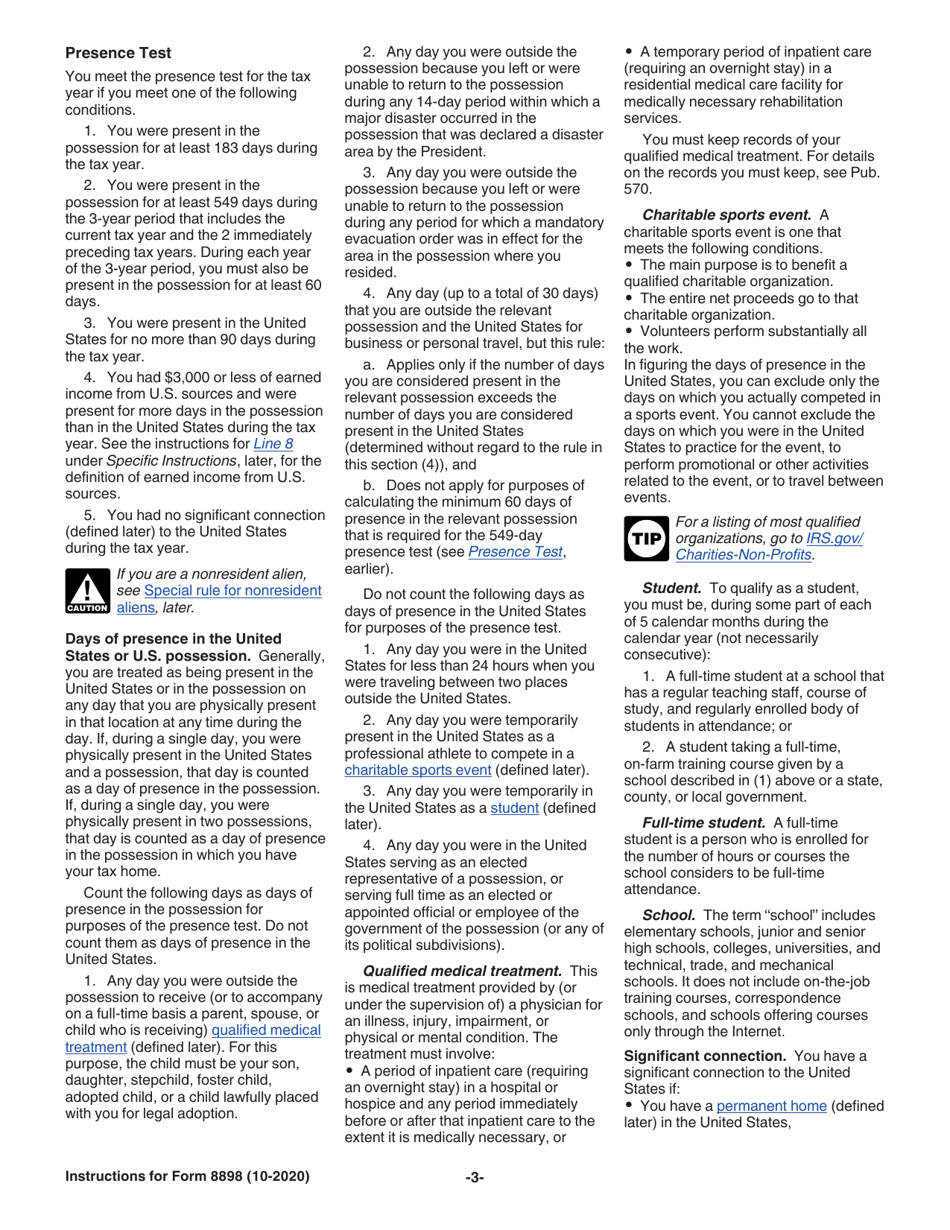 Instructions for IRS Form 8898 Statement for Individuals Who Begin or End Bona Fide Residence in a U.S. Possession, Page 3