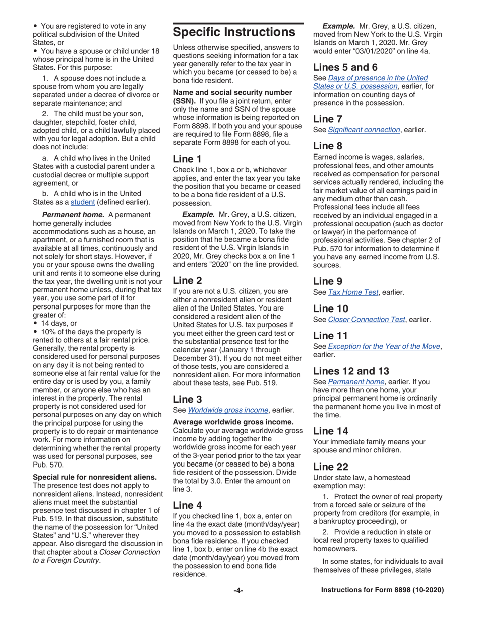 Instructions for IRS Form 8898 Statement for Individuals Who Begin or End Bona Fide Residence in a U.S. Possession, Page 4