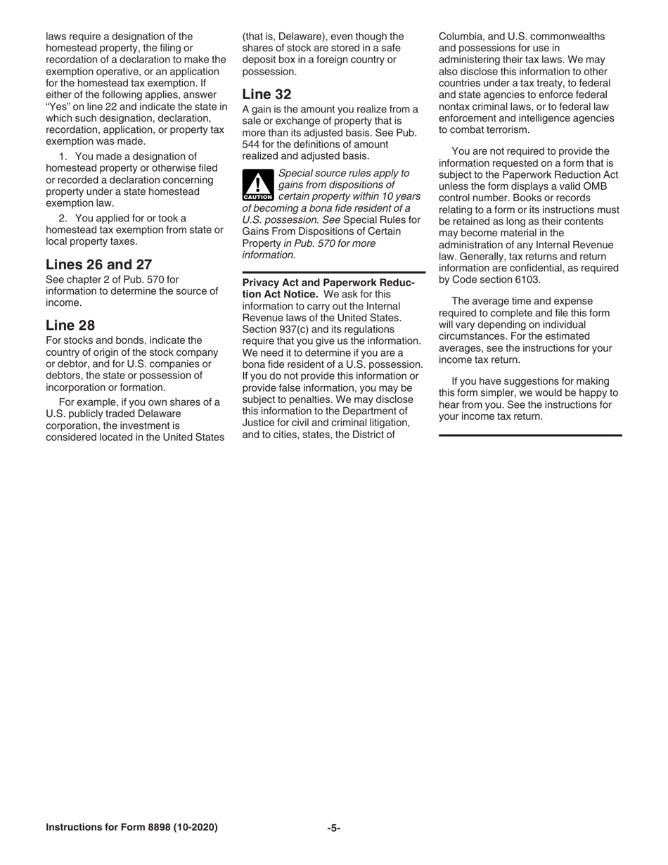 Instructions for IRS Form 8898 Statement for Individuals Who Begin or End Bona Fide Residence in a U.S. Possession, Page 5
