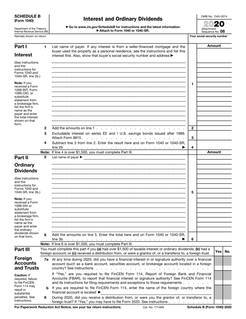 IRS Form 1040 Schedule B - 2020 - Fill Out, Sign Online and Download